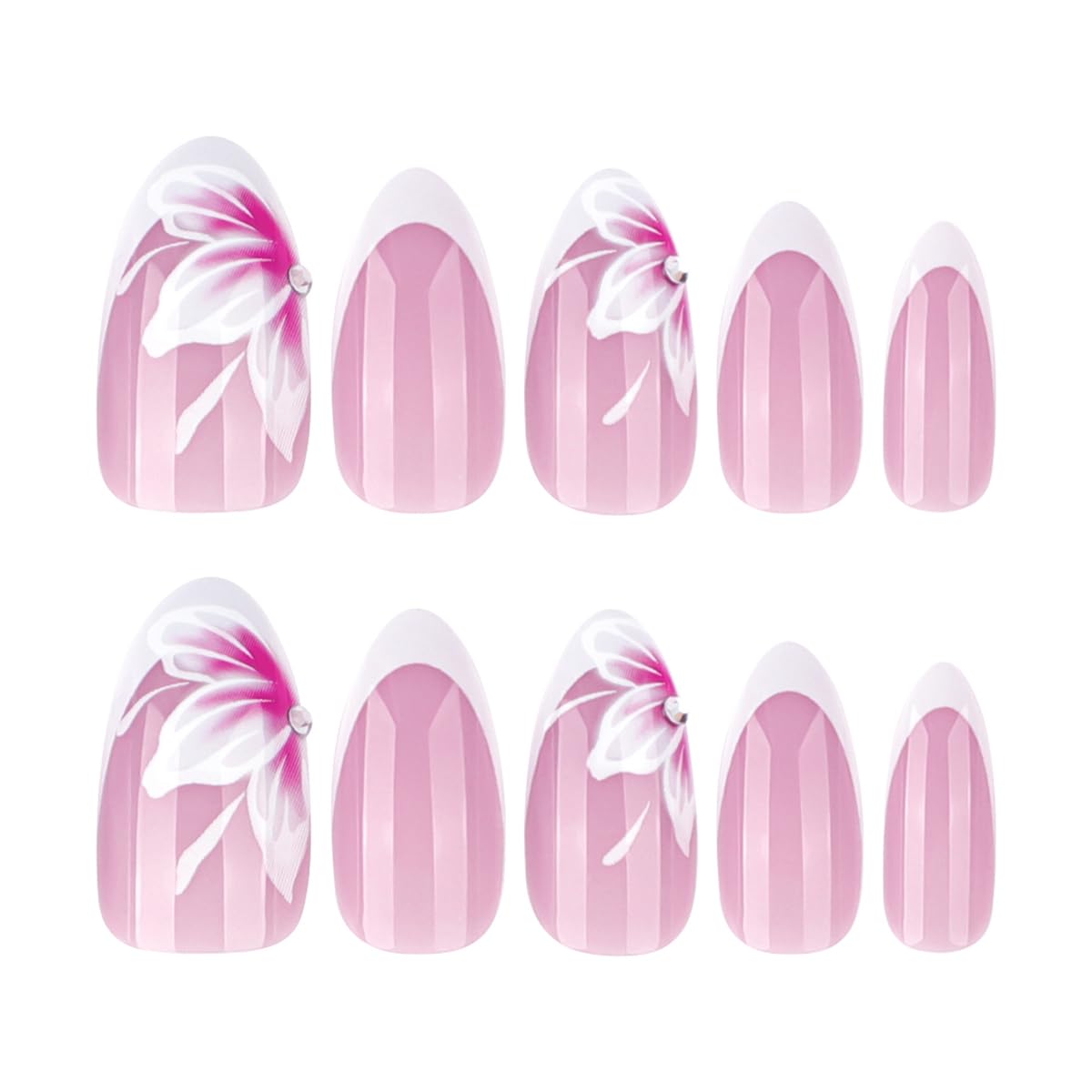 Flower Press on Nails Medium Almond Fake Nails Cute Spring Summer Nails Press ons with Design French Reusable Artificial Nail Full Cover Stick on Nails for Women Manicure 24Pcs