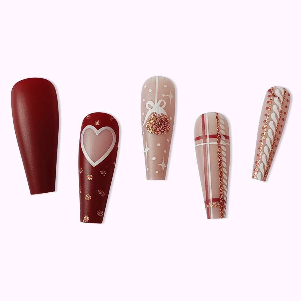 Christmas Bell Heart Stripe Glitter Nails - Red Coffin Design, Full Cover Square Artificial False Nails - 24 Pcs Winter Xmas Press On Nails for Women & Girls Manicure