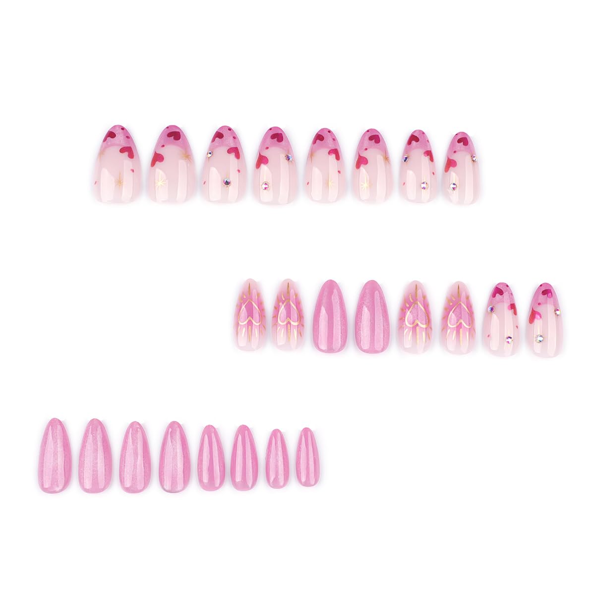 24Pcs French Press on Nails Almond Medium Length Fake Nails with Gold Heart Star Rhinestones Design Acrylic Glue on Nails Full Cover Stick on Nails Glitter Pink Artificial Nails for Women Nail Decor