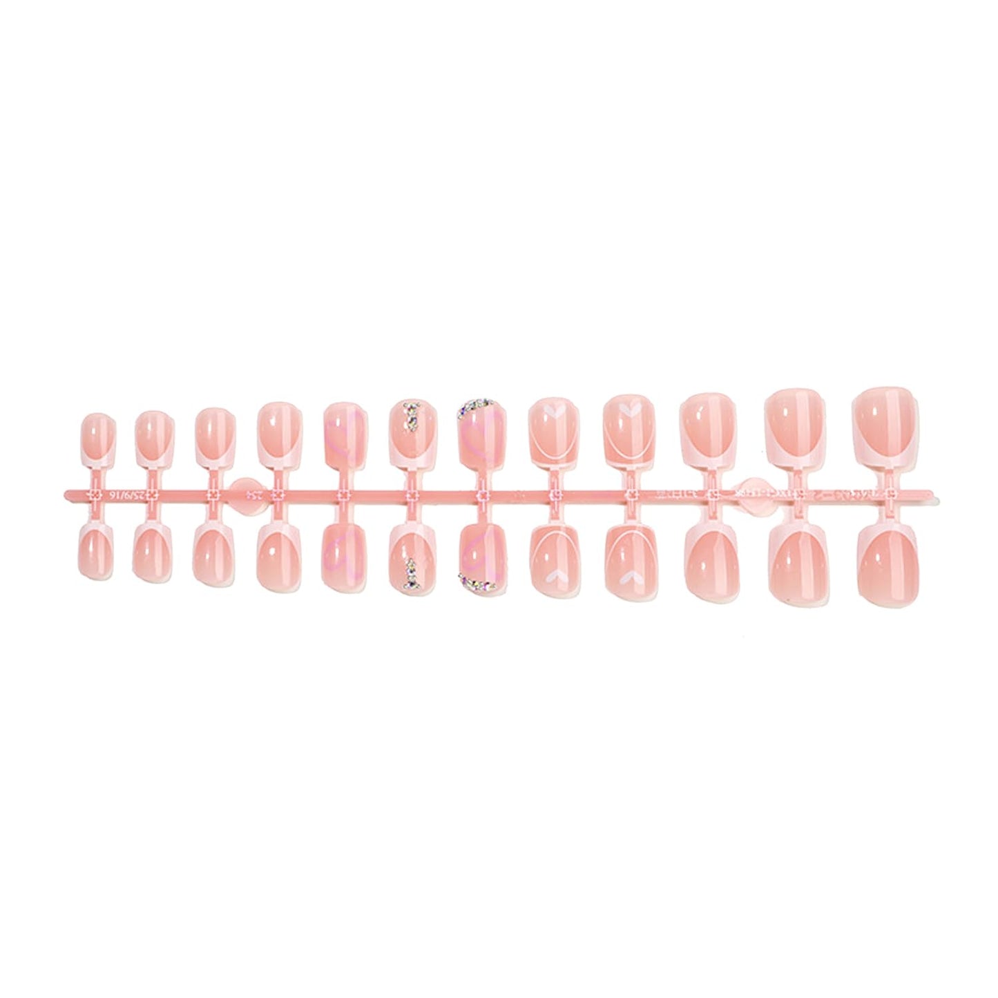 24Pcs French Tip Press on Nails with Nude Pink Hearts Design,Glossy Short Square False Nails Rhinestones Acrylic Fake Love Heart Stick on Fingernails Valentine's Press ons Cute Glue on Nail for Women