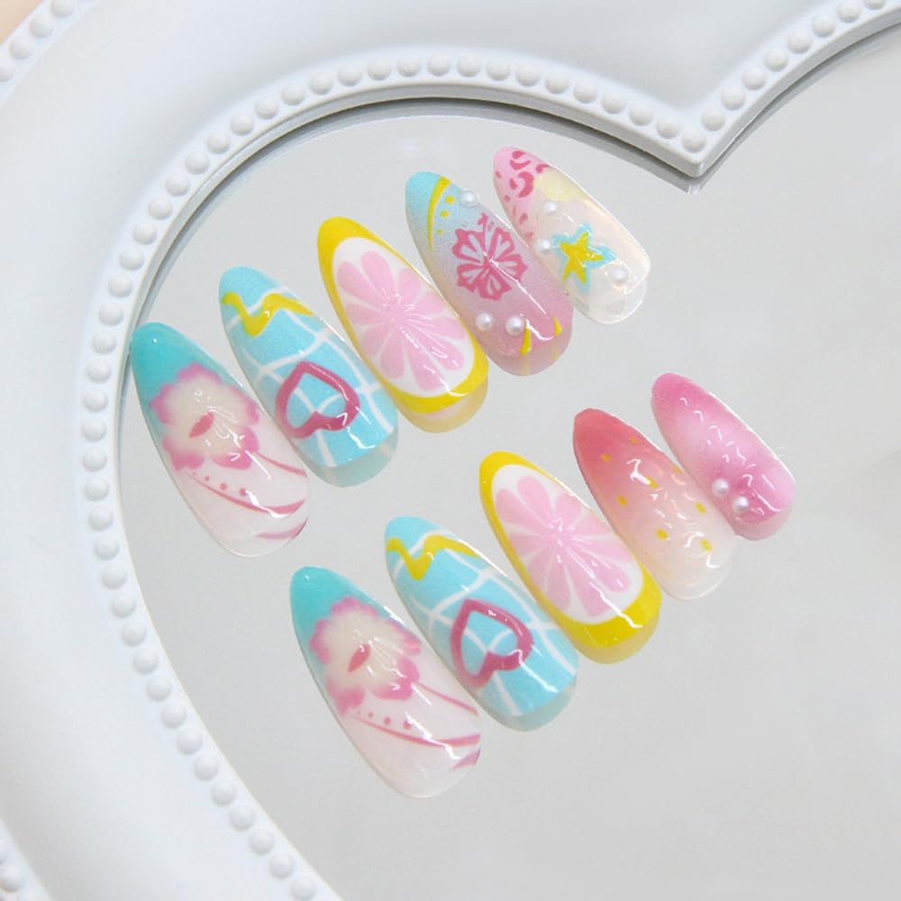 24 Pcs Summer Press on Nails Short Almond,MINGCHUN Ombre French Fake Nails Press ons Acrylic Nail Art Tips Kit Full Cover False Nails Glue on Nails with Flowers Pearl Design for Women Nail Supplies