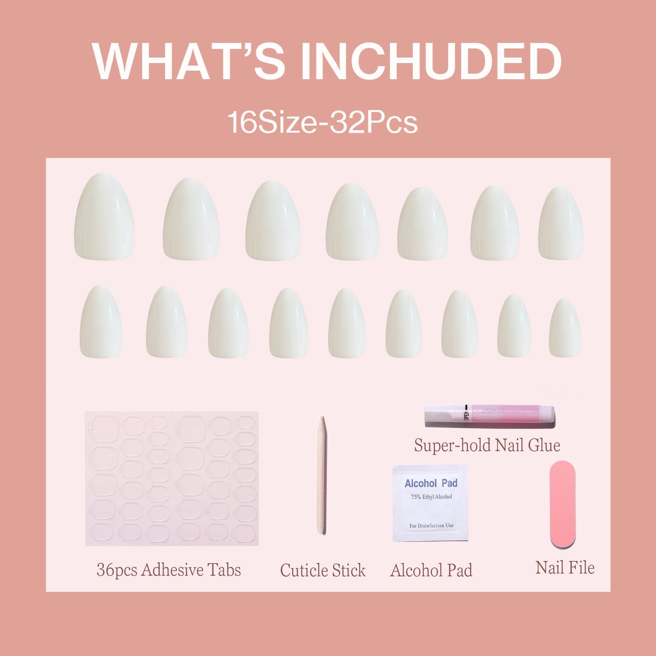 ESLALA Press On Nails Short Almond,Milk White Fake Nails,Glossy False Nails,Reusable Stick On Fake Nails with Glue | 16 Sizes - 32 Nail Kit(10 Almond Milk White)