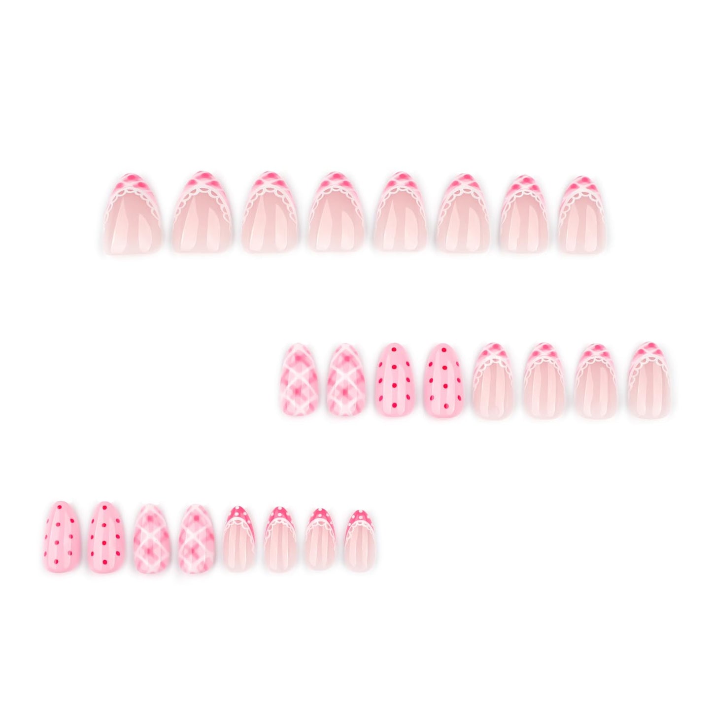 Mivota Short Almond Press On Nails Pink Acrylic Fake Nails French Tip with Gingham Plaid, Polka Dot Design, Glossy Cute Stick On Nails for Women Girls Daily Wear Date Party Manicure 24PCS