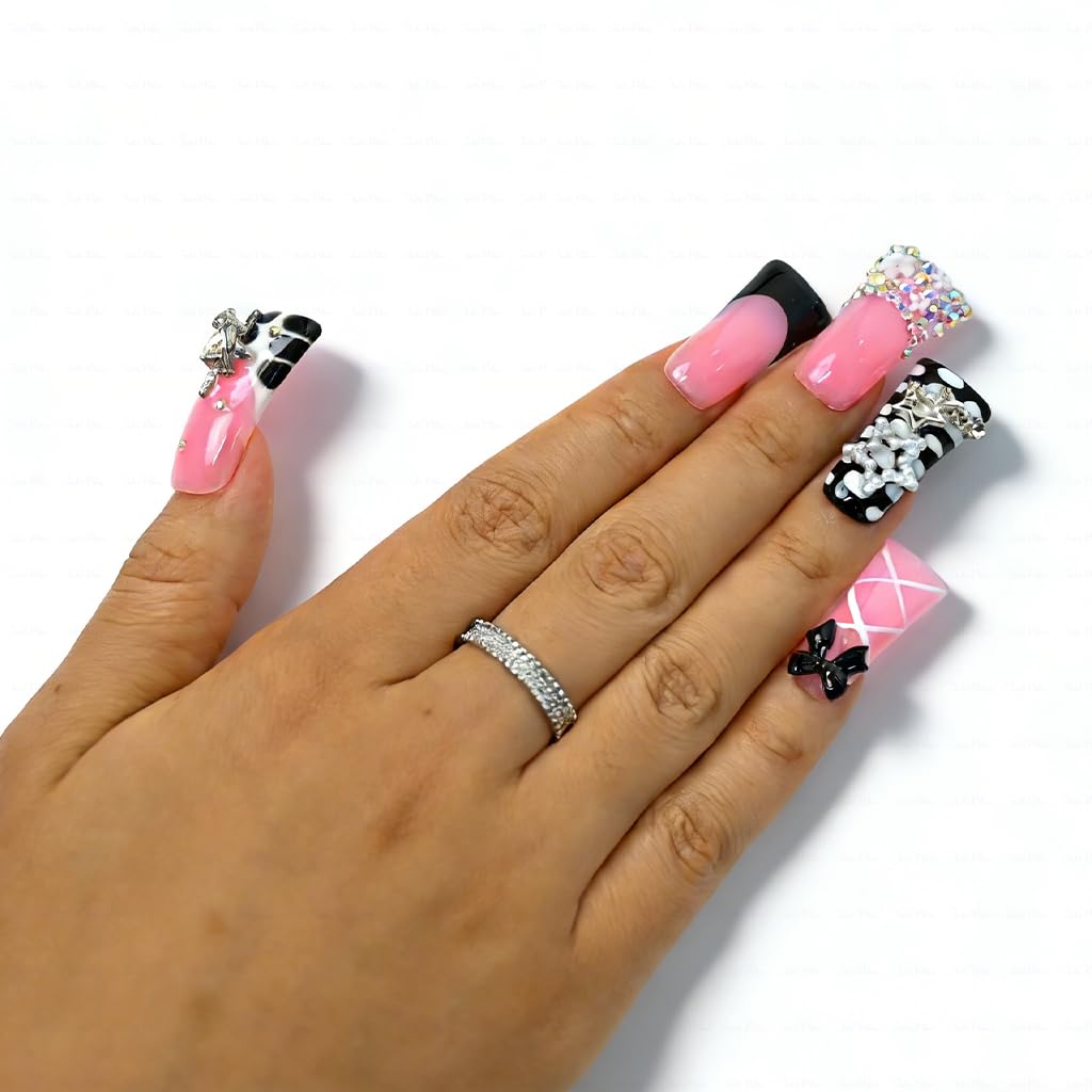IntoVibes 10 Pieces Luxury Acrylic Press On Nails Long Handmade Duck Nails, Black Thickened False French Nails, With 3D Bowknot And Stars, Reusable Fake Nails, Acrylic Nails (L)