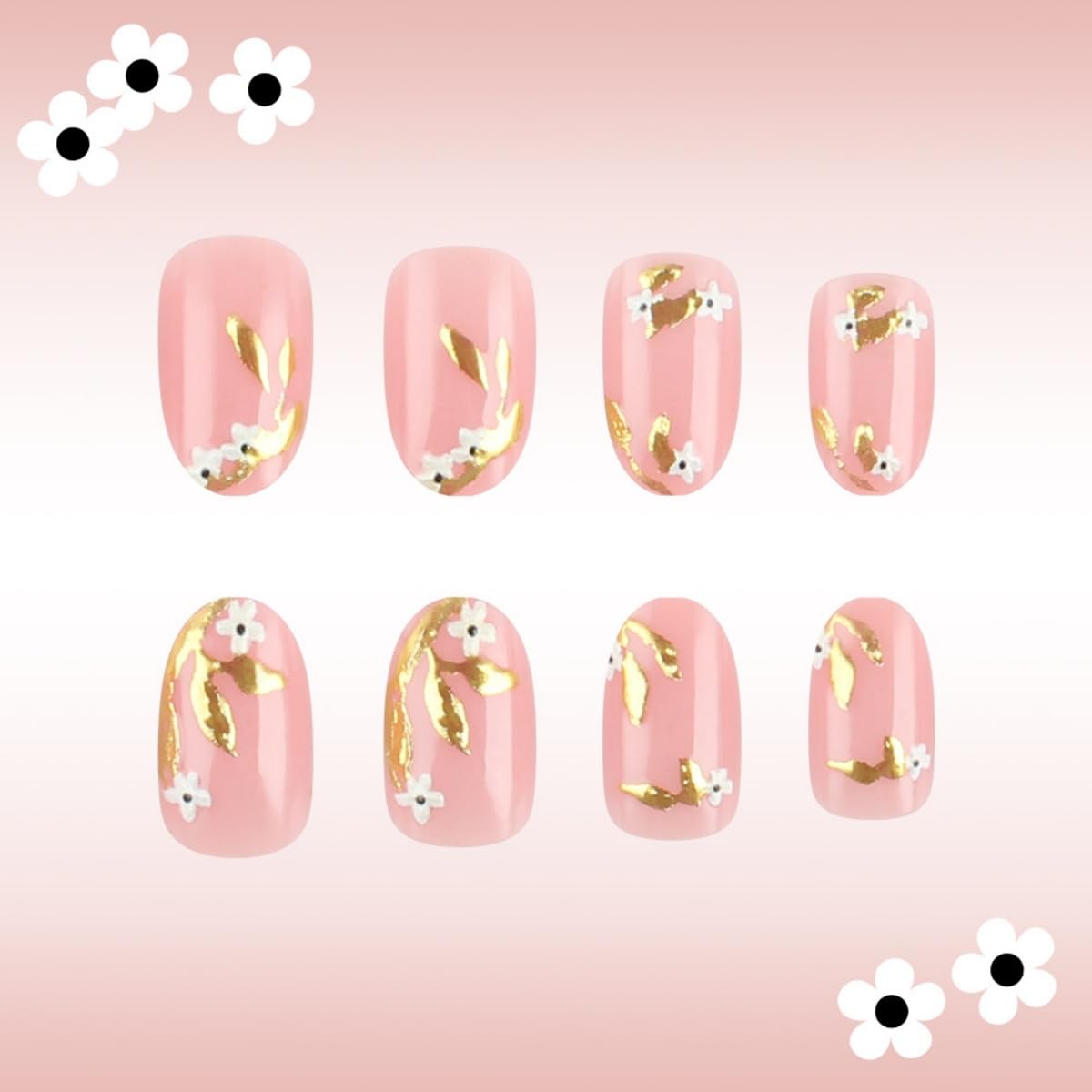 Summer Gold Leaf Press on Nails White Flower Fake Nails with Glue Full Cover Pink Glossy Acrylic False Nails for Women DIY Manicure Decoration 24PCS Reusable Artificial Nails
