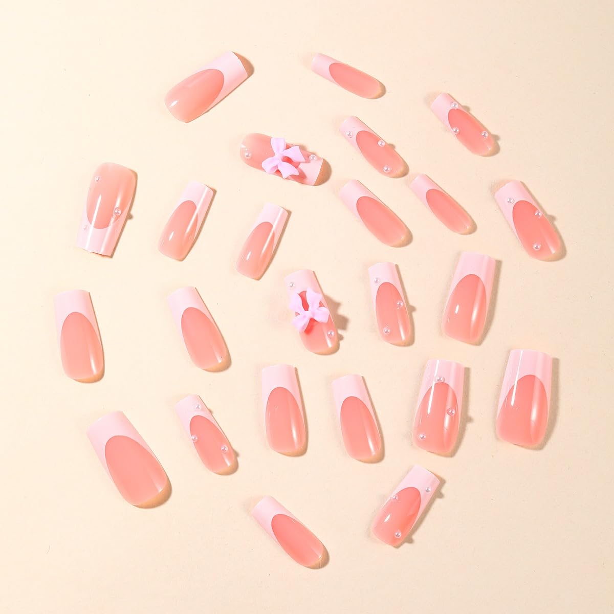 CTTHNBD Medium Press on Nails Square - White French Tip Fake Nails with Bow Charms Design - Cute False Nails Press ons - for Women 24 Pcs