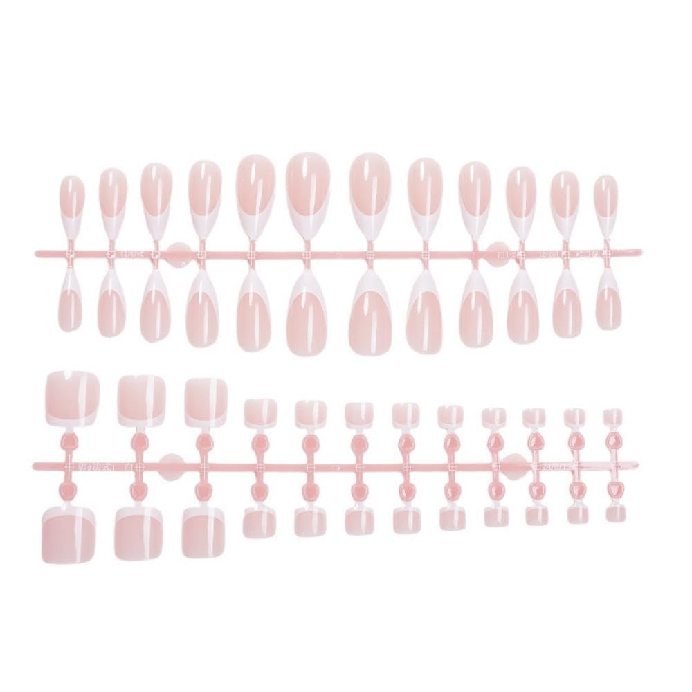 48Pcs White French Tips Press on Toenails Light Pink Press on Nails Medium Almond False Nails with Designs Nude Pink Fake Toenails Glossy Reusable Summer Fake Toenails for Women Girls DIY Manicure