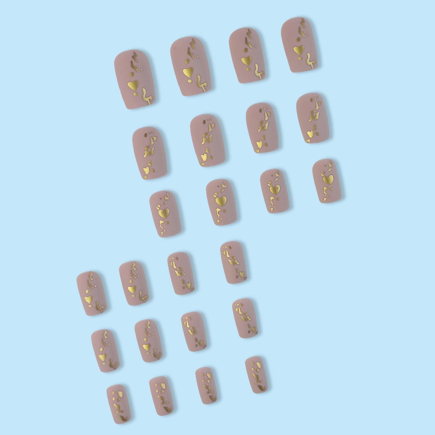 Vezocim 24Pcs Press on Nails Medium Square Glossy Full Cover Artificial Fake Nails with Gold Heart Designs Acrylic Coffin False Nails with Glue Stick on Fingernails for Women Girls