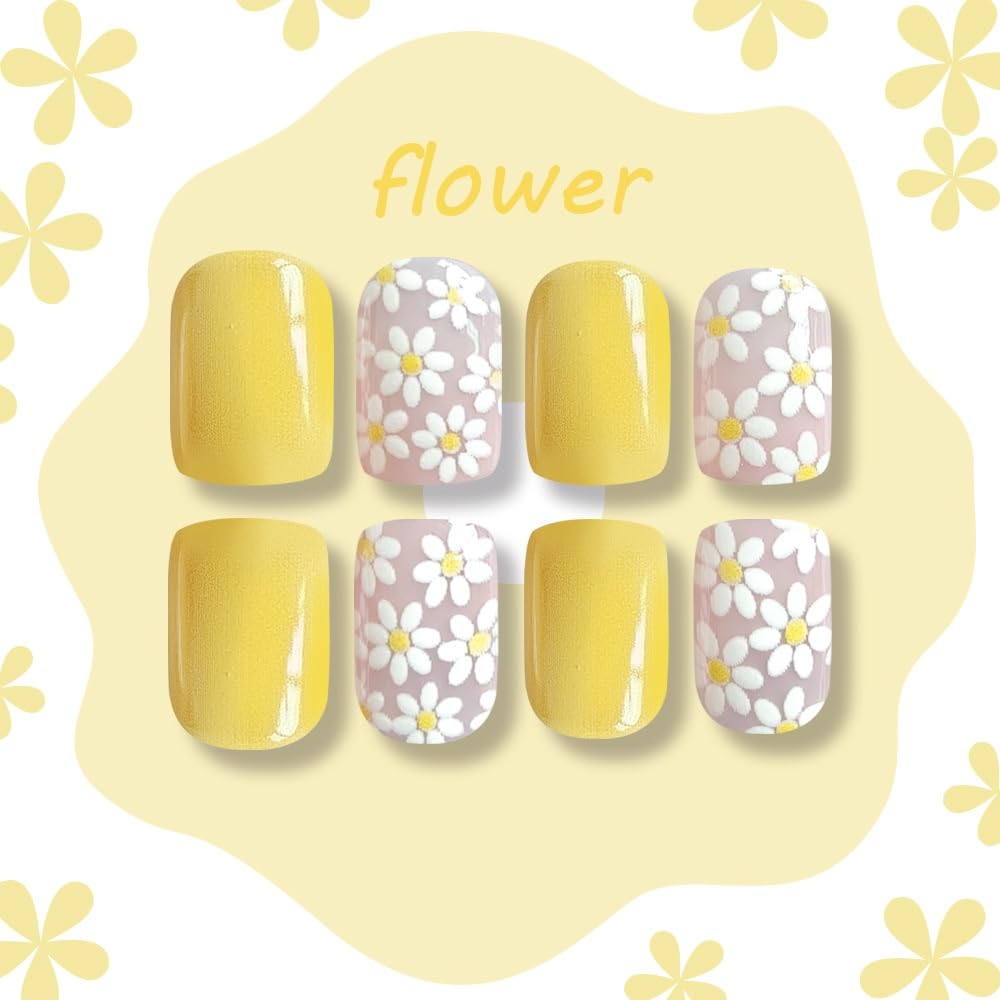 Flower Press on Nails Short Square Fake Nails with White Floral Design Glossy Yellow Glue on Nails Daisy Nails Press ons Reusable Full Cover Spring Summer Acrylic Nails for Women Manicure 24Pcs