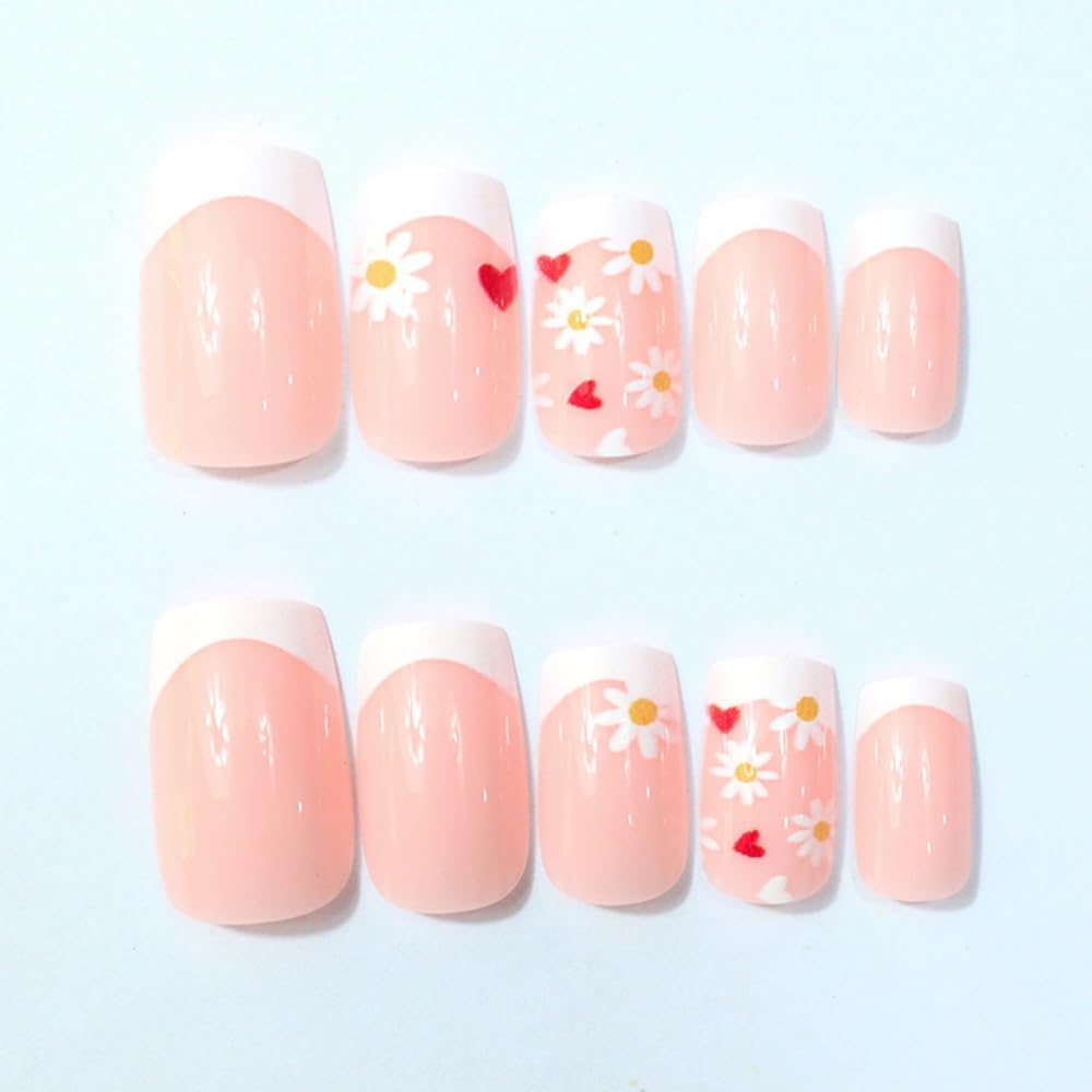 Flower Press on Nails Medium Square Fake Nails with Floral Hearts Design Glossy White French Tips Glue on Nails Spring Nails Press ons Reusable Full Cover Summer Acrylic Nails for Women Manicure 24Pcs