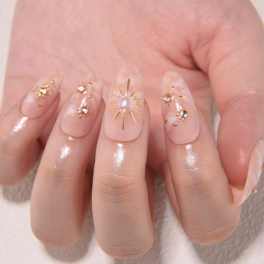 evpct 3D Nude Bohemian Design Press on Nails Medium Almond No Glue, Nude Gold Star Glossy Stick on Nails for Women with Kit, Reusable Soft Stick on Fake Nail with 3D Gold Stars Designs Perfectly Fit