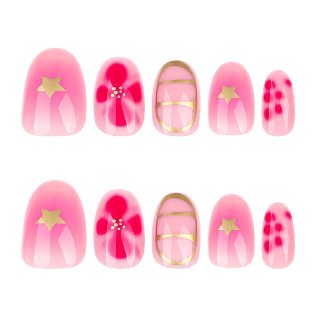 Gold Press on Nails Short Oval Fake Nails with Gold Lines Design Stick on Nails Star Pink Flower False Nails Handmade Full Cover Acrylic Glue on Nail for Women Girl Nail Art Decoration 24Pcs