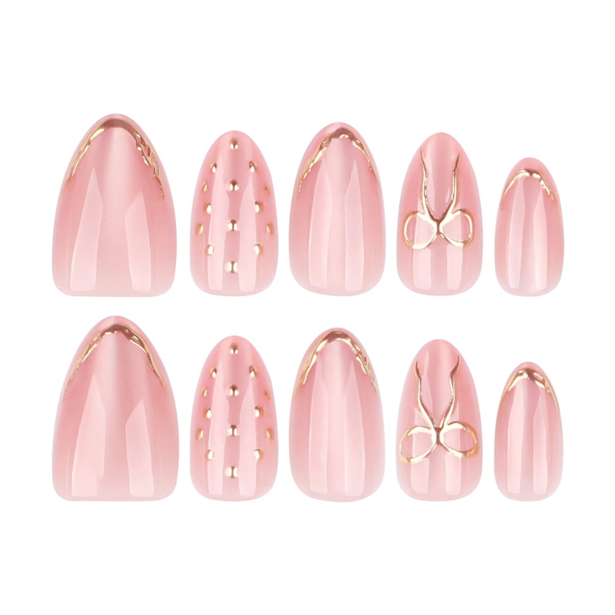 Nude Press on Nails Short Almond Fake Nails Cute Nails Press ons with Gold Bow,Polka Dots Design Reusable Artificial Nail Full Cover Stick on Nails for Women Manicure 24Pcs