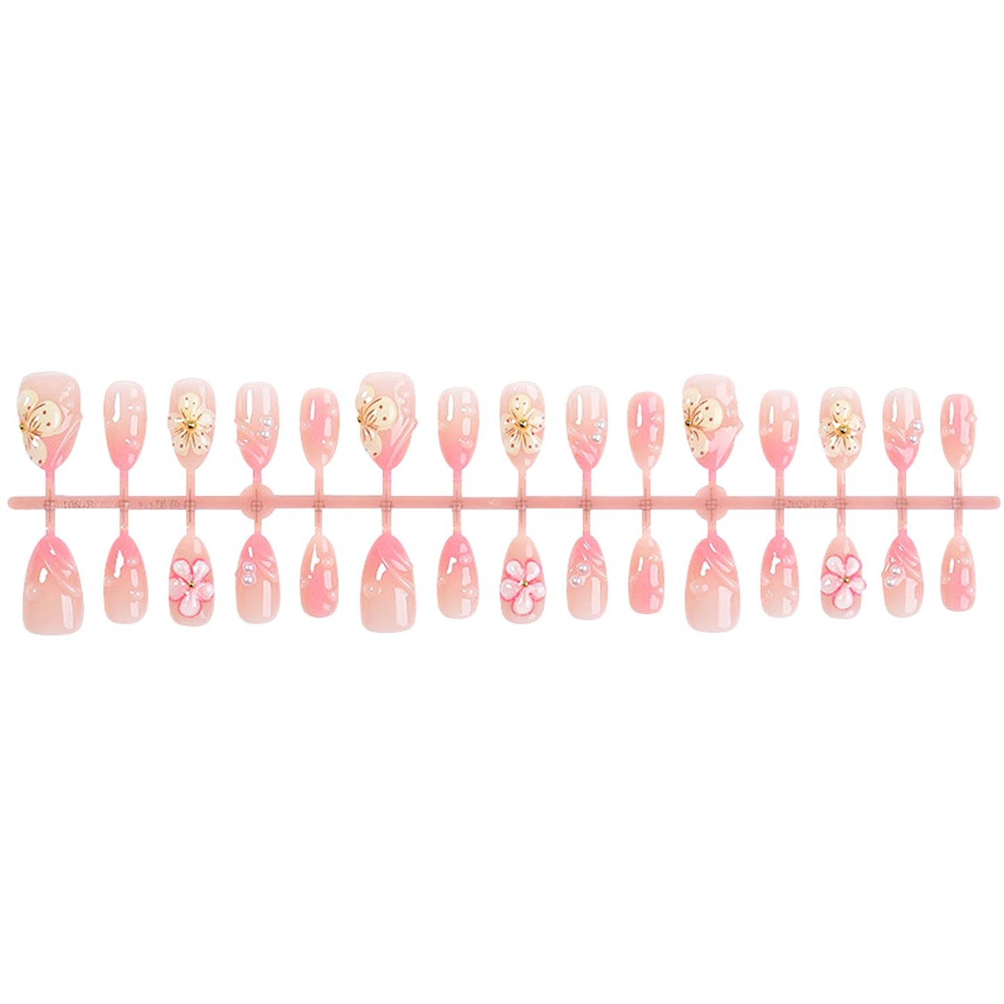 30Pcs Pink Press on Nails Almond Medium Fake Nails 3D Flower Ripple Charm Style, French Pink Nail Art, Floral False Nails Kit Glossy Full Cover Cute Stick on Nails for Sweet Women DIY Manicure