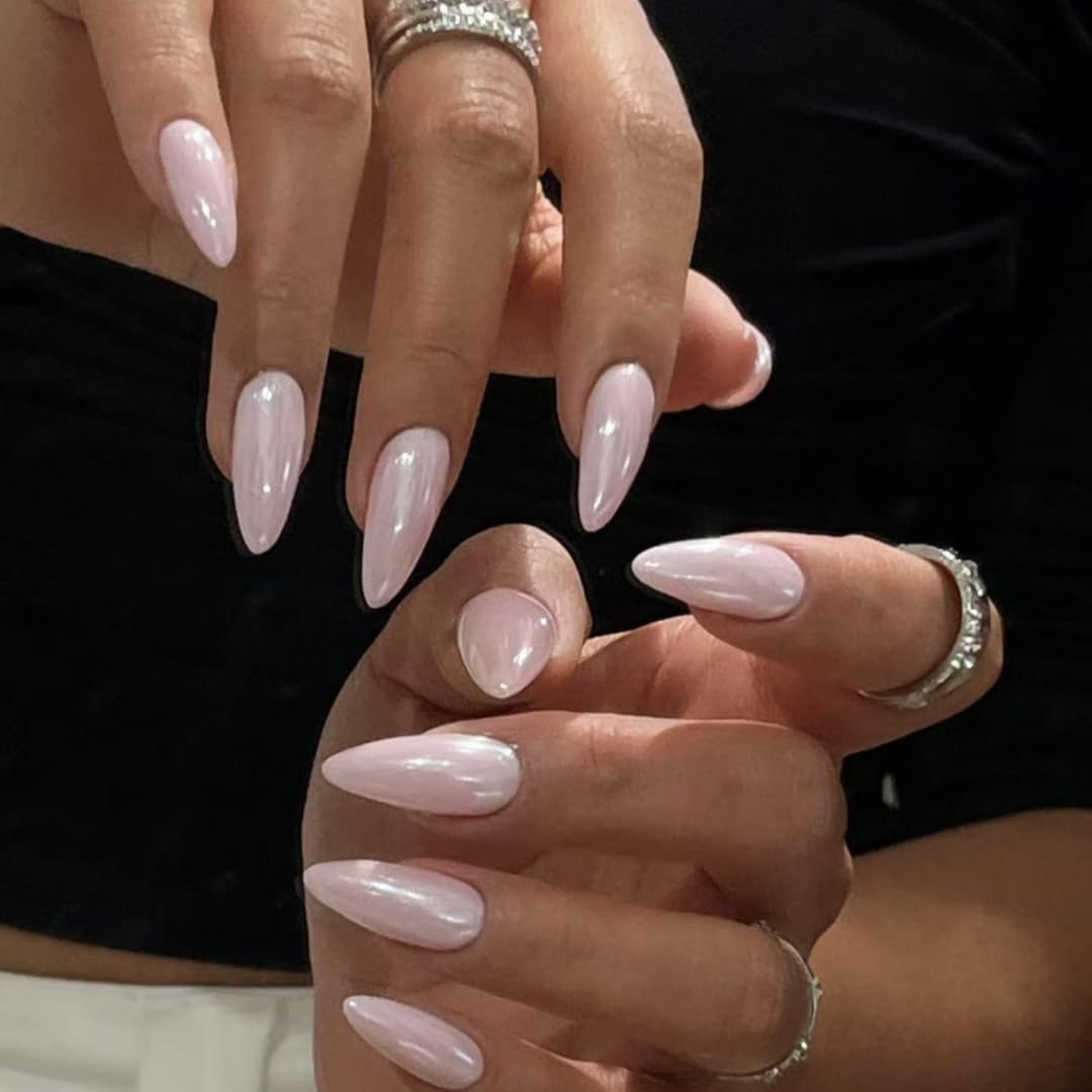 Handmade French tip Press on Nails style long Almond with Glue Stick on Nails for Women Manicure Decoration Aurora Powder 10PCS (MT-142-M)
