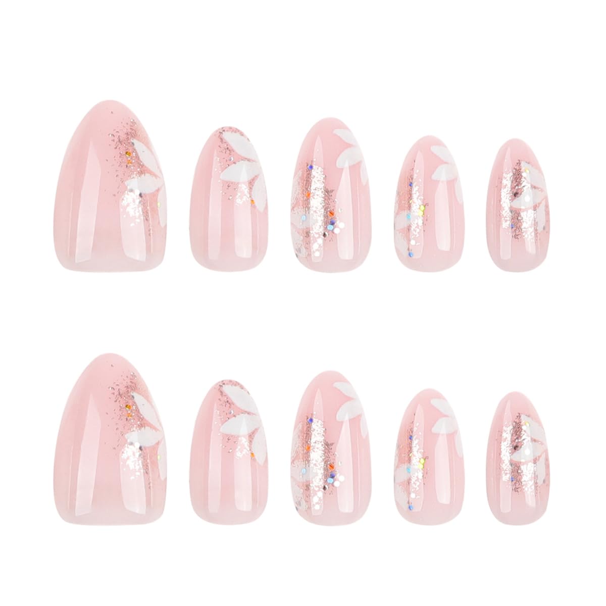 Glitter Pink Press on Nails with Flower Designs, Cute Pink Fake Nails Short Shaped French Tip Nude Acrylic Nails Gloss False Nails Reusable Glue on Nails for Women Girls 24Pcs
