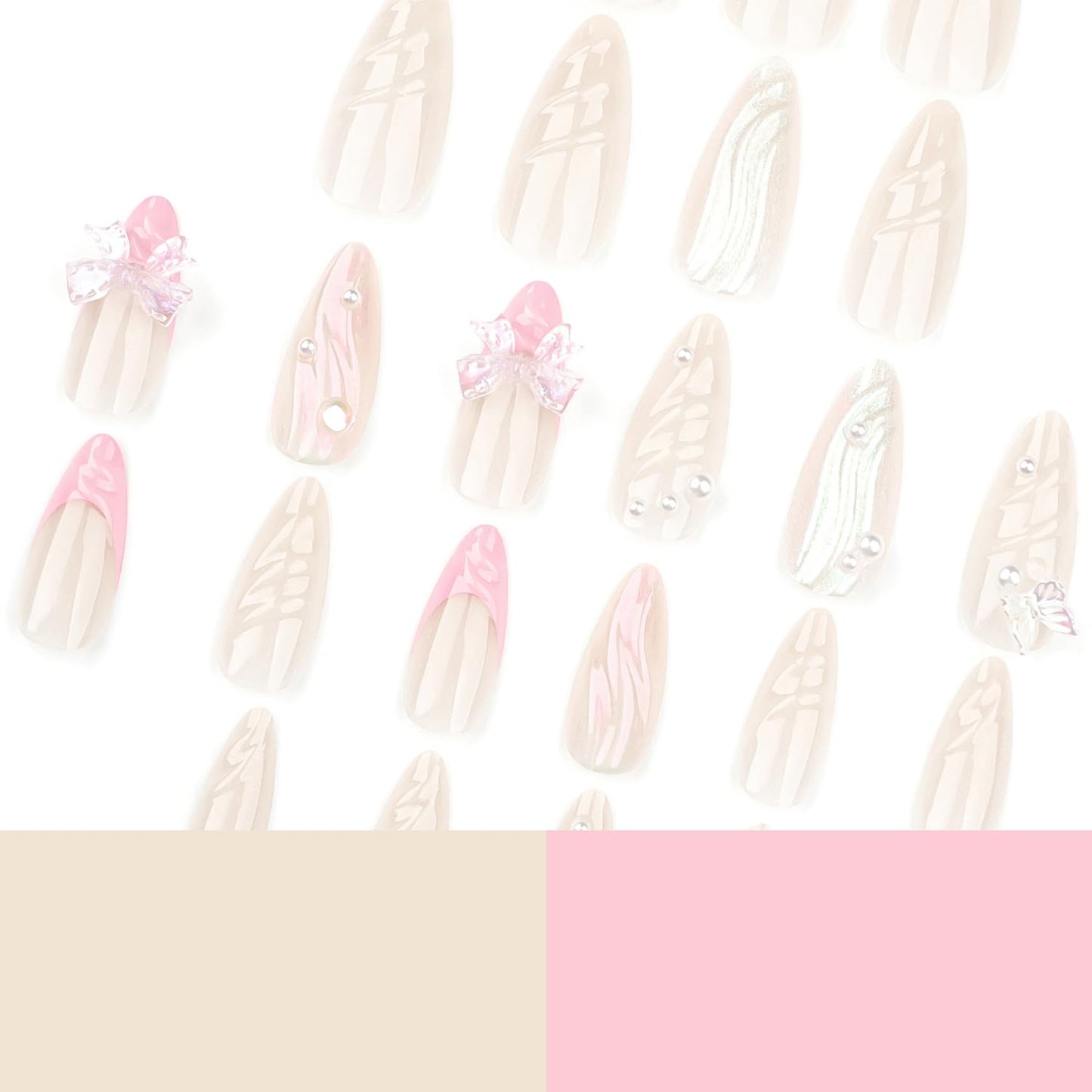 Pink French Press on Nails Almond Fake Nails 3D Pearl Nail Art Design False Nails Glue on Artificial Nails Butterfly Nail Tip Cute Bow Stick on Nail for Women Girls Manicure Set 24Pcs
