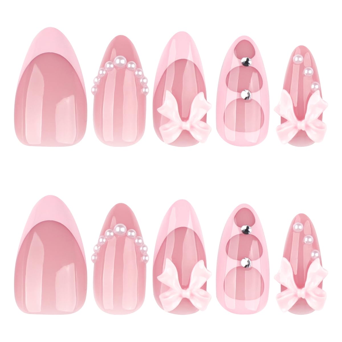 Press on Nails - Pink French Tip with 3D Bow & Pearls, Medium Almond Glossy Fake Nails, Full Cover Manicure Kit for Women, 24PCS Glue-on