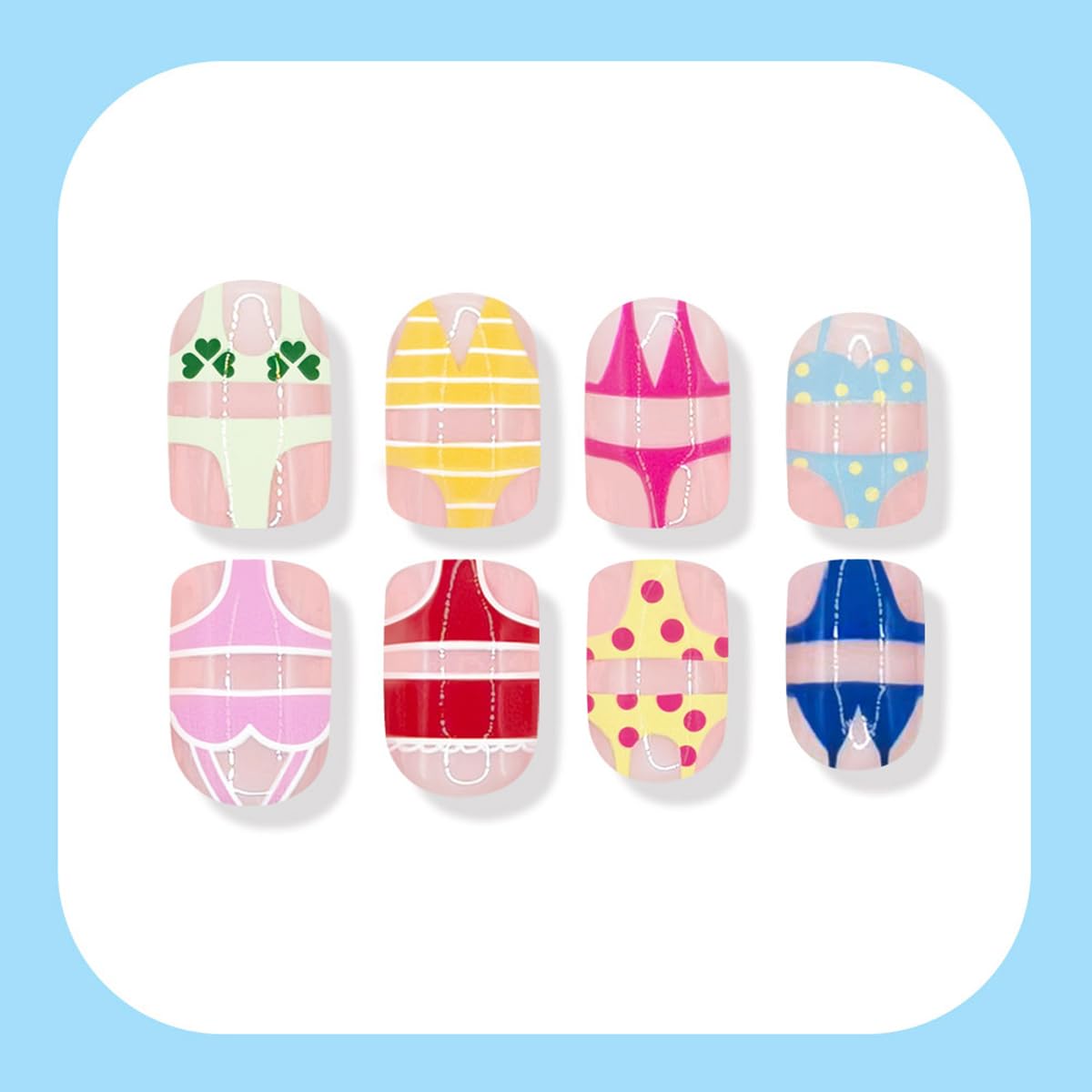 Summer Press on Nails - Colorful Short Square Fake Nails with Design, Full Cover Glue on Nails for Women Beach Pool Manicure 24Pcs