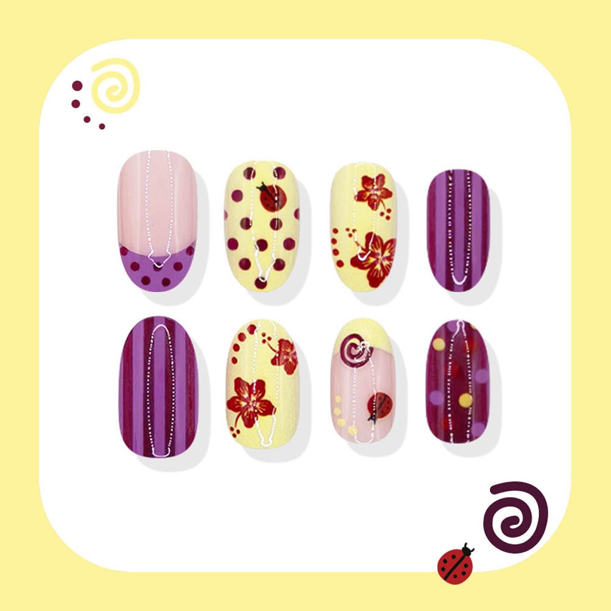 Summer Press on Nails Pink Yellow Fake Nails Short Oval False Nails with Flower Polka Dot Design Artificial Stick on Nails Full Cover Acrylic Glue on Nails for Women Girls Manicure 24Pcs