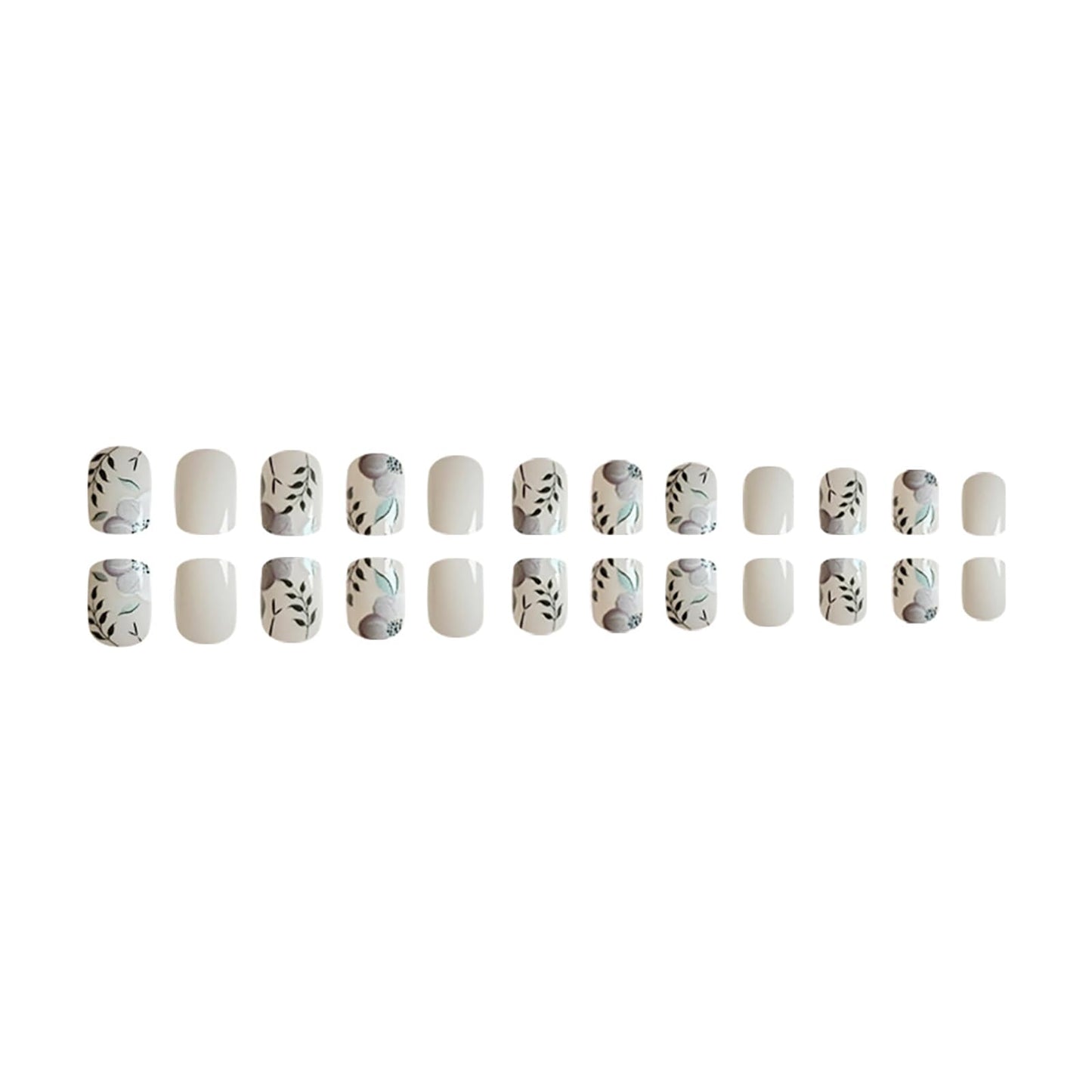 RTKHFZE Press on Nails Medium Square Fake Nails with Flower Leaf Designs White Acrylic Nails Green Full Cover Glue on Nails Glossy Artificial Nails Summer Stick on Nail for Women 24Pcs