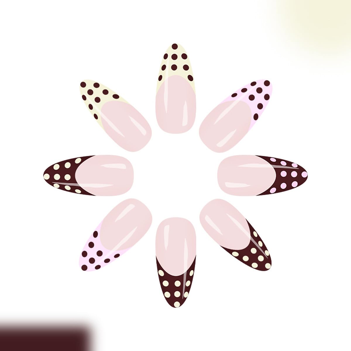 Polka Dot French Tip Press on Nails Medium Almond Fake Nails Yellow Red Pink French Tip Design Full Cover Glossy Colorful Glue on Nails for Women 24PCS