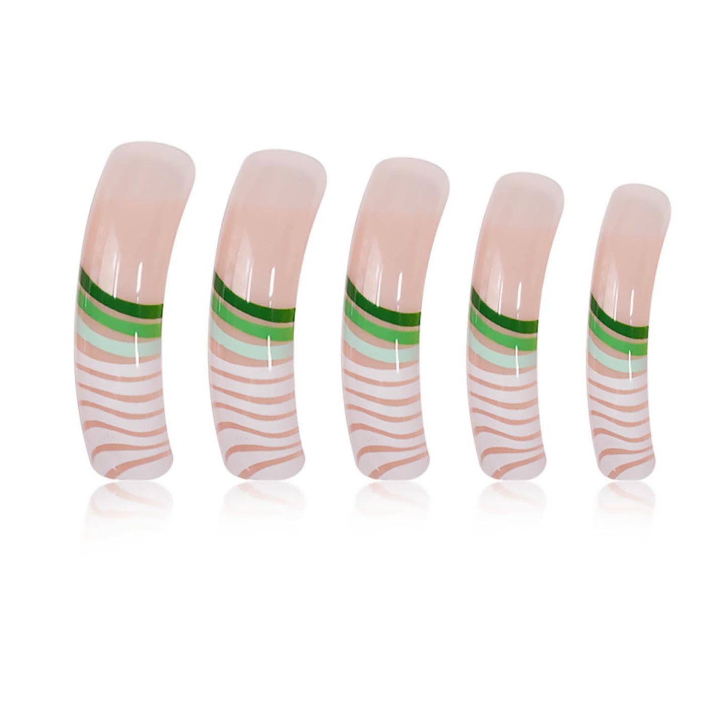 IMSOHOT Long Curved Press on Nails, Green Wavy Square Fake Tips with Glue, 20Pcs Full Cover French Swirl Design, Trendy Geometric Art Acrylic Glue-ons