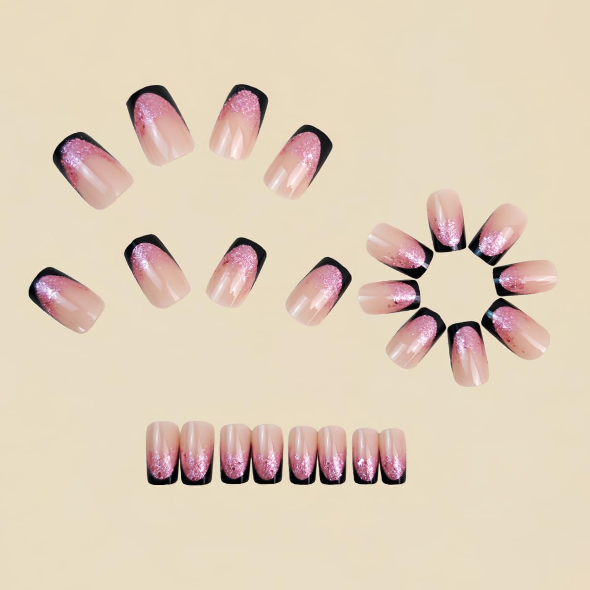 Black French Tip Press on Nails Medium Square Fake Nails with Pink Glitter Ombre French Tip Design Black Tips Glue on False Nail Pink Glitter Artificial Stick on Nail for Women 24Pcs