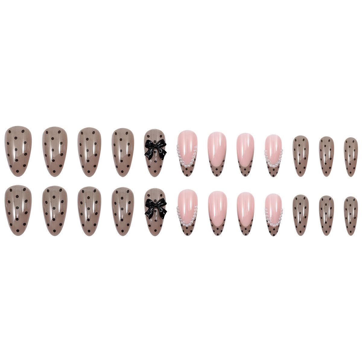 Polka Dot Press on Nails - Medium Almond Fake Nails with 3D Bow&Pearl Designs Brown False Nails French tip Glue on Nails Reusable Full Cover Stick on Nails for Women Manicure 24Pcs
