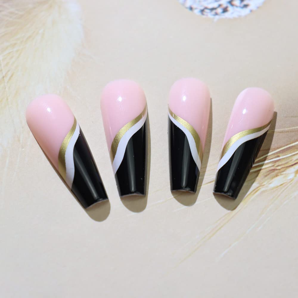 YoYoee Black Press On Nails Coffin Long Fake Nails Acrylic Luxury False Nails French Full Cover Stick On Nails for Women and Girls 24 PCS