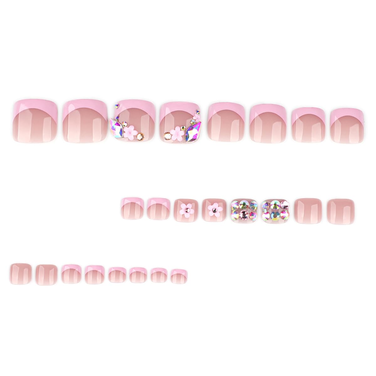 yefiuo Handmade Press on Toenails Pink French Toe Press on Nails Tips Kit Fake Toe Nails Press ons False Toenails Flower Rhinestones Acrylic Glue on Nails Stick on Nails for Women Nail Supplies 24Pcs