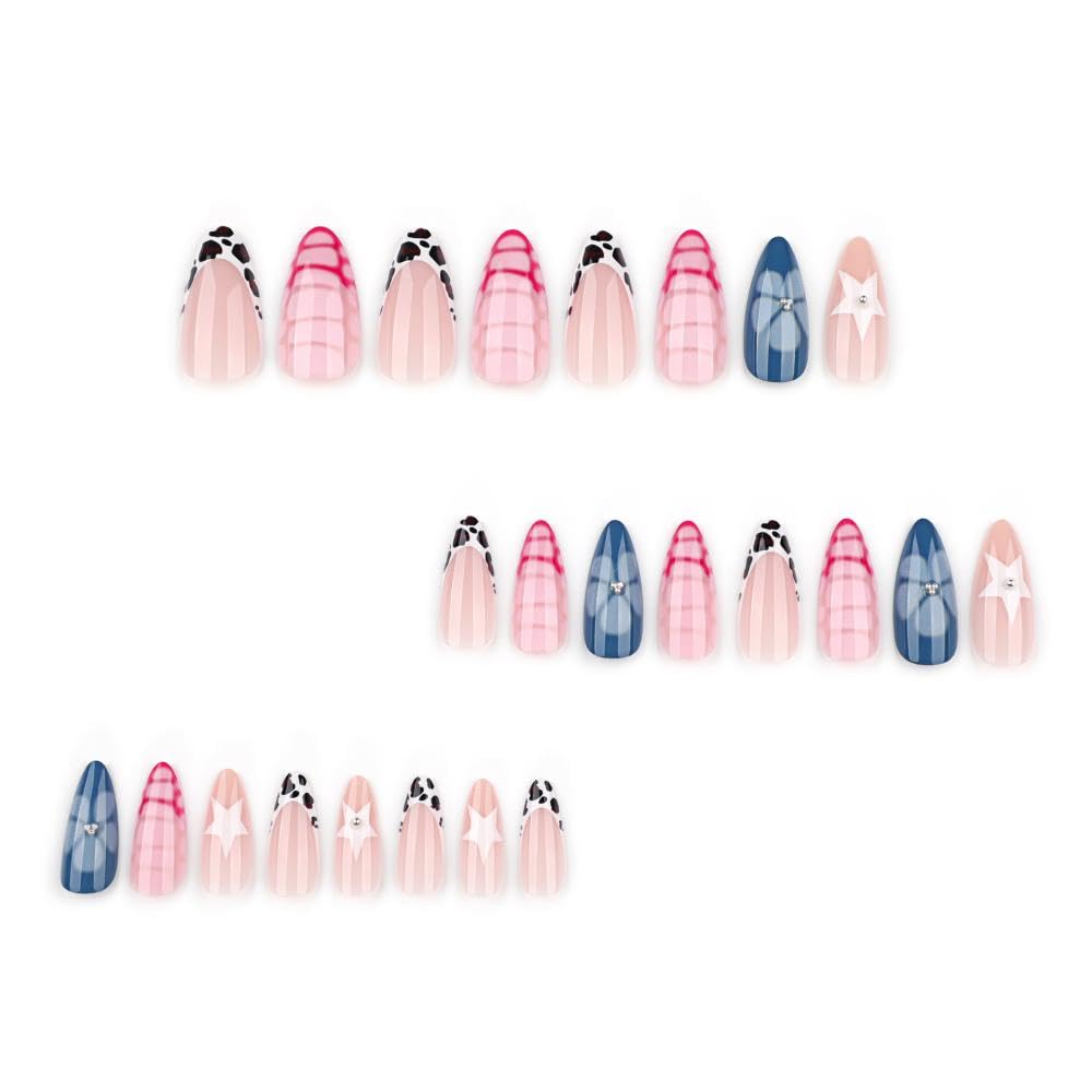 Medium Almond Press on Nails Rhinestones False Nails with 5D Pearl Star Design Blue Flower Fake Nails Glossy Leopard French Tip Stick on Nails Pink Crocodile Glue on Nail for Women Manicure 24Pcs