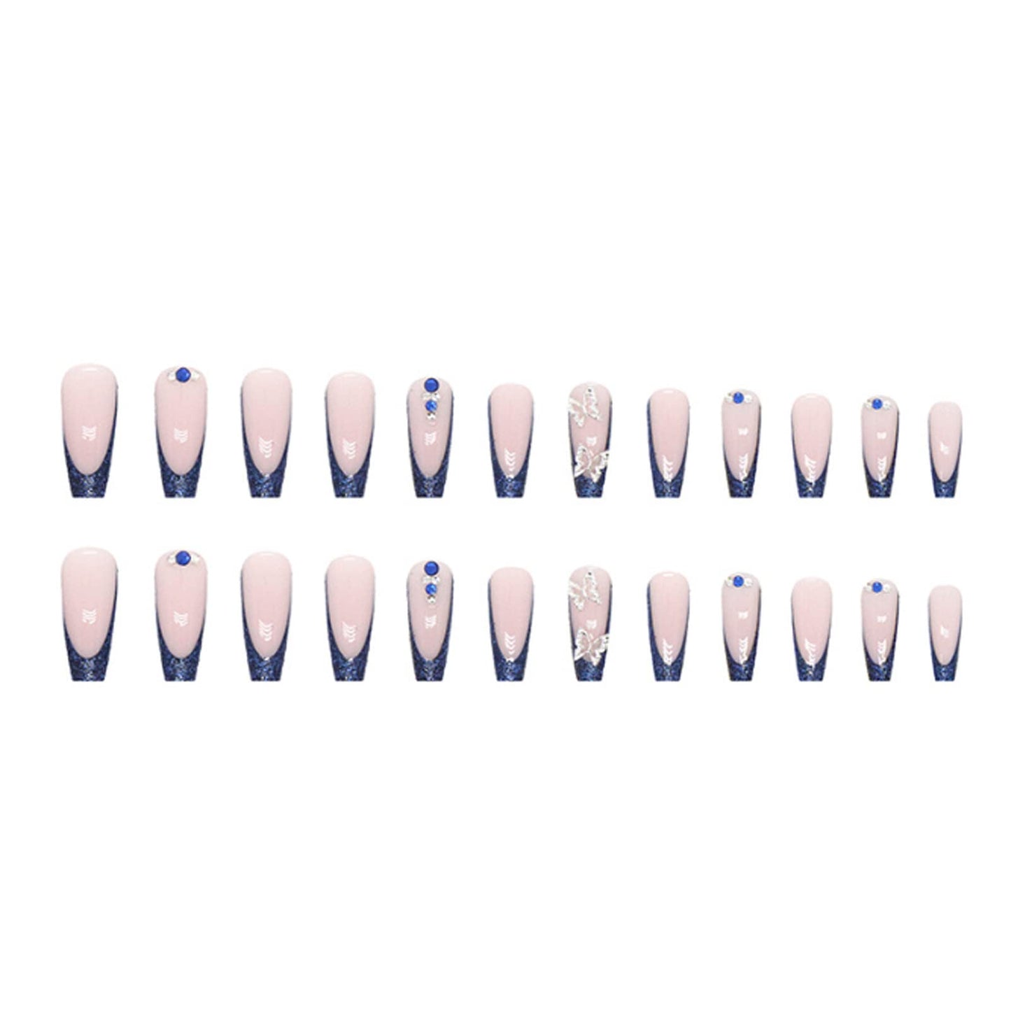 DANMANR Long Press on Nails Square French Fake Nails Full Cover Nude Acrylic False Nails for Women and Girls 24PCS (Blue Butterfly)