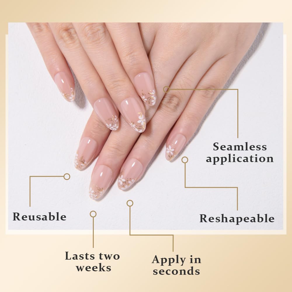 evpct 3D Nude Pink Press on Nails Short Almond No Glue with Gold White Flower Design, Short Almond Stick on Nails for Women Gift with Kit, Reusable Soft Acrylic Press on Fake Nail with Floral Design