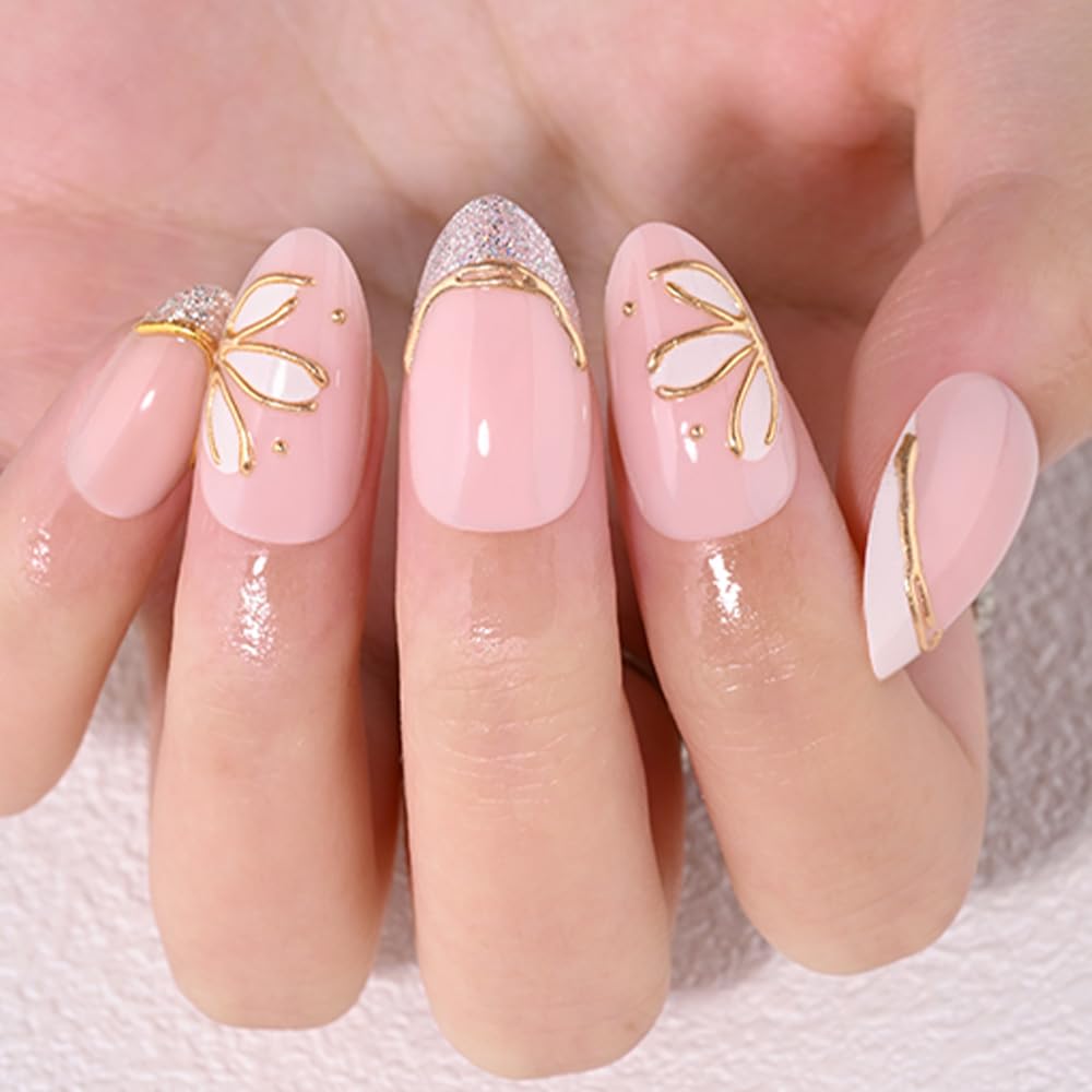 evpct Nude Pink Glitter Press on Nails Short Almond No Glue, Glitter Gold Line French Tip Stick on Nail for Women Gift, Reusable Full Cover Soft Press on Acrylic Fake Nail with 3D White Flower Design