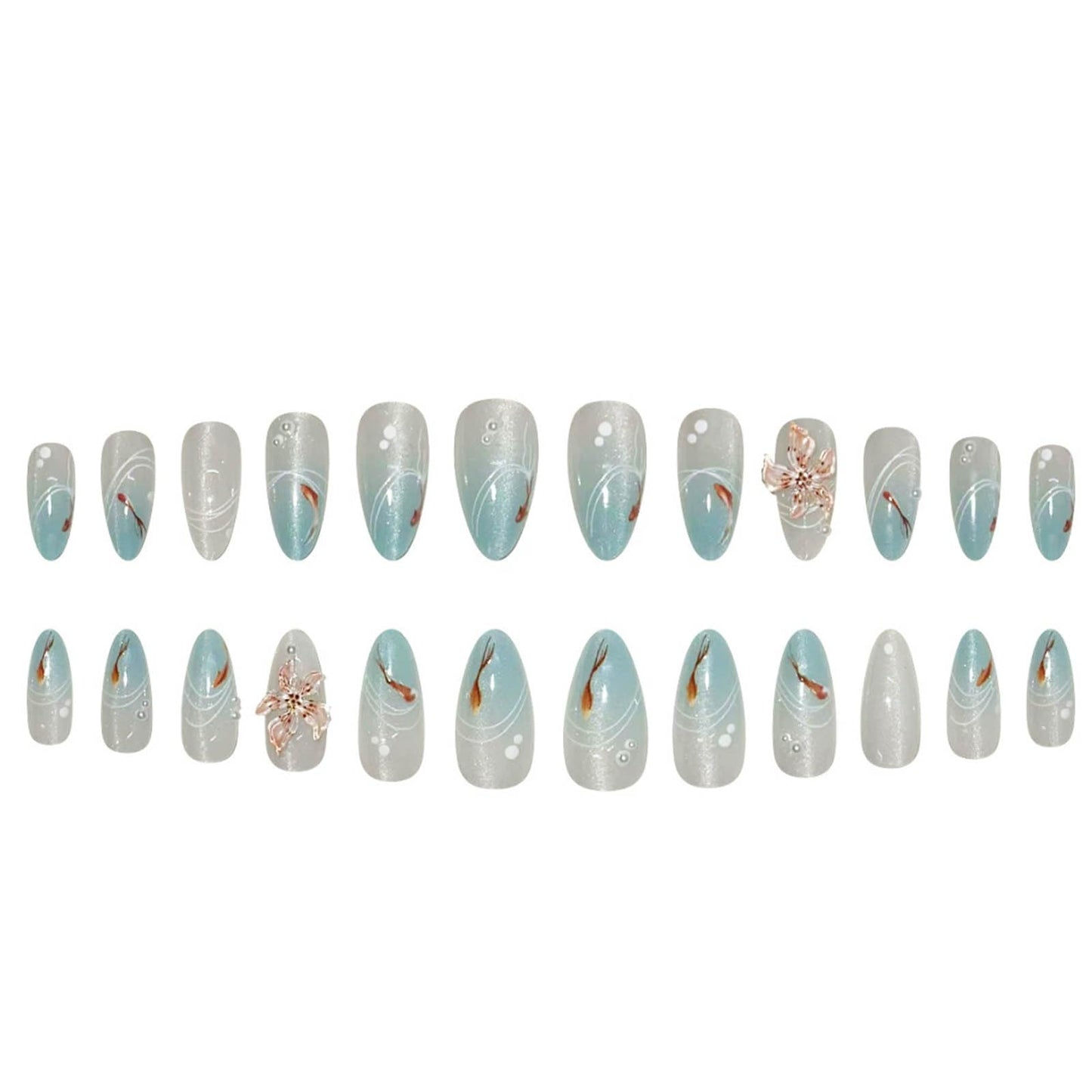 Hkanlre Almond Fake Nails Tips Medium Blue Press on Nails Fish Full Cover False Summer Gradient Nails for Women 24PCS