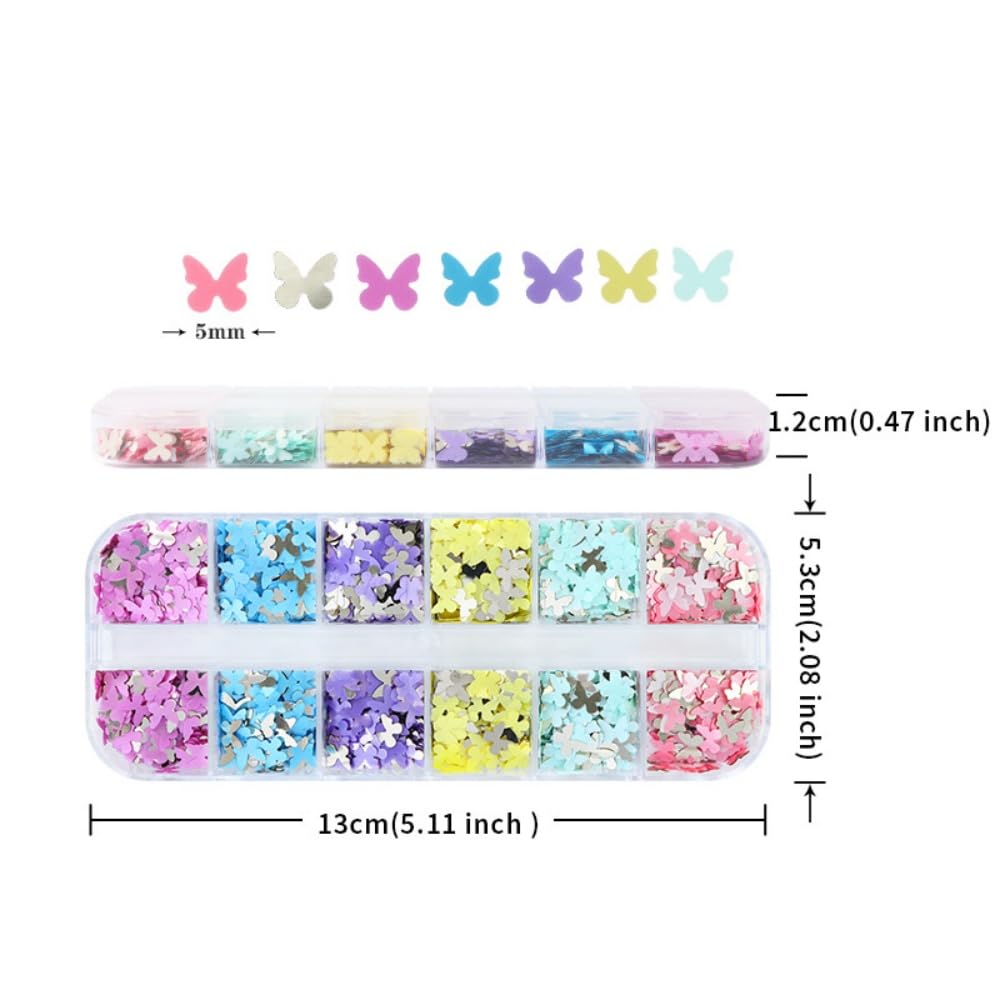 1 Box 6 Color Holographic Butterfly Nail Glitter Laser Pink Nail Sequins 3D Blue Yellow Nail Flakes Sparkly Powder Flakes Shiny Nail Glitter Colorful Nail Sequins Glitter for Nails Art 12 Grids