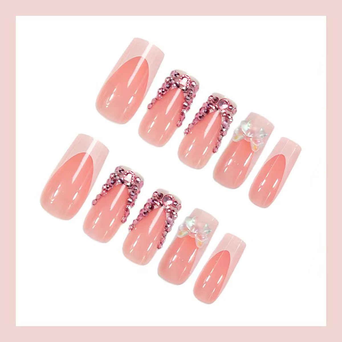 Pink Press on Nails French Tip Fake Nails Short Square False Nail with Rhinestone Design Bow Glue on Nails Glossy Stick on Nail Artificial Acrylic Full Cover Manicure for Women Girls Manicure 24Pcs
