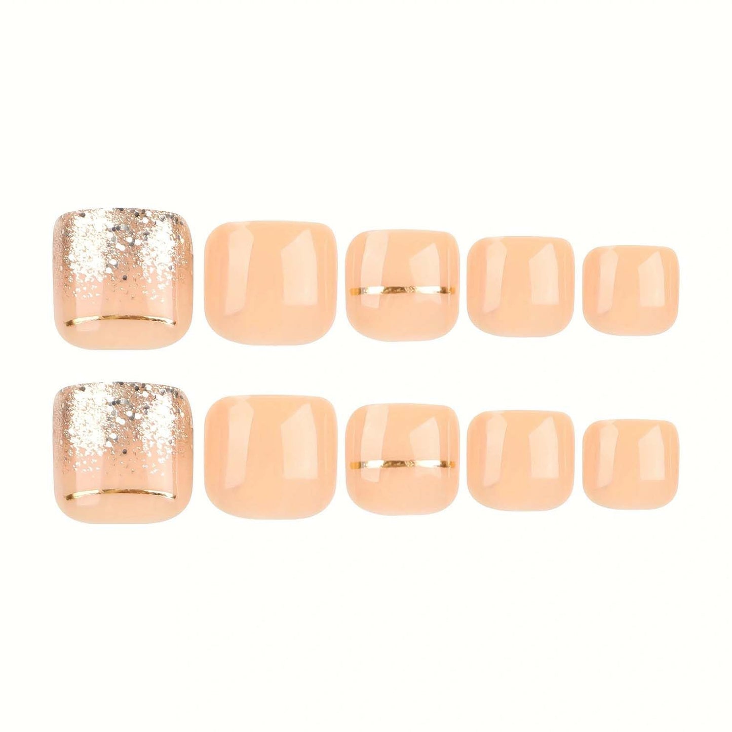 Short Press On Toenails Square Fake Toenails Gold Line With Glitter Design Full Cover Glue On Toenail Summer Acrylic False Toe Nails Artificial Stick On Toenail For Women Holiday Manicure 24pcs