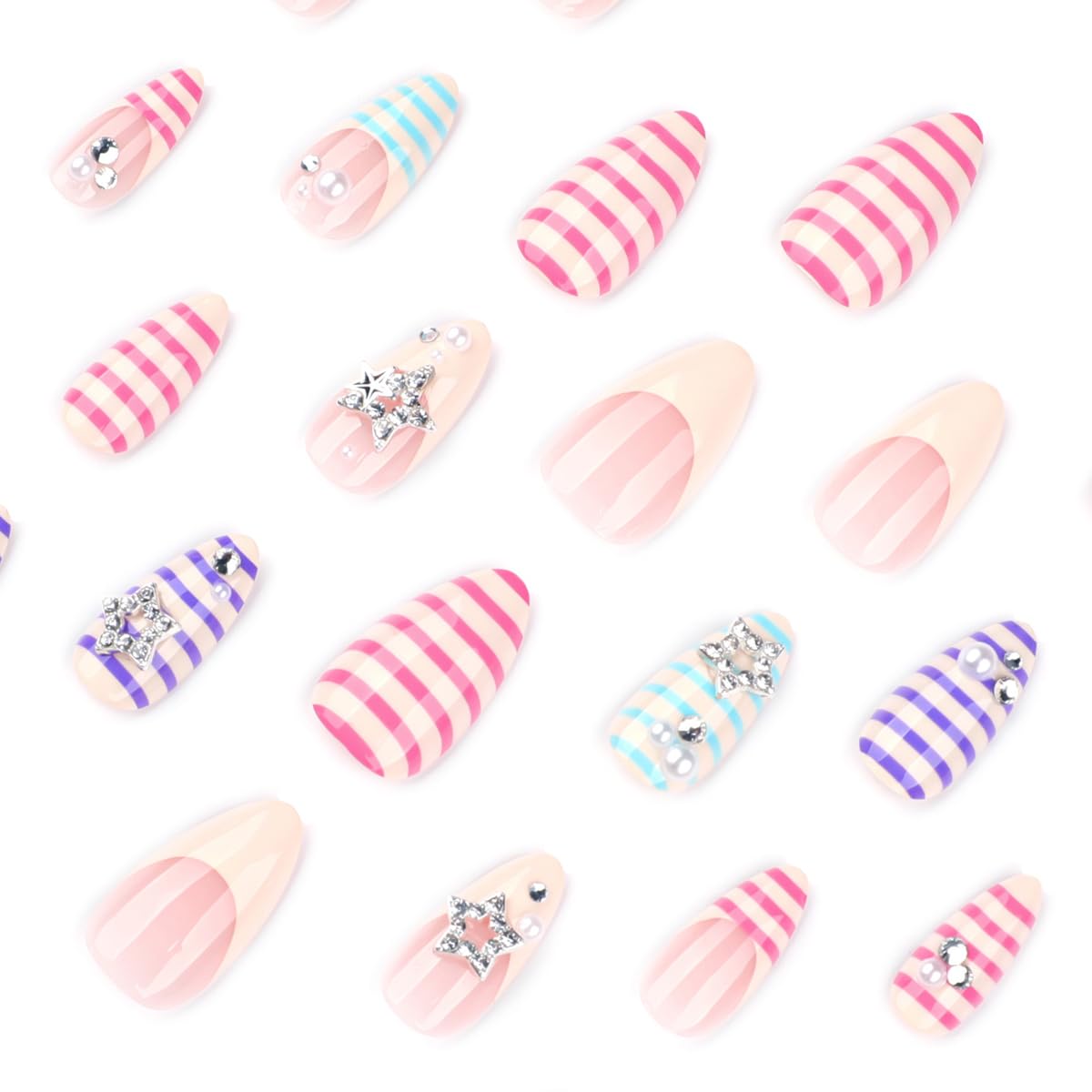 Short Almond Press on Nails Y2K Fake Nails Press ons with 3D Star & Pearl Designs, Colorful Striped False Nails Glossy Acrylic Full Cover Glue on Nails for Women Manicure 24Pcs