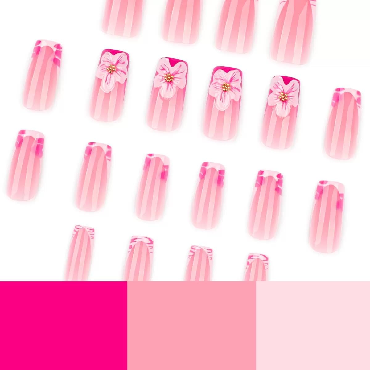 Medium Square Press on Nails - French Tip Fake Nails with 3D Flower Design - Pink False Nails Press ons - for Women 24 Pcs