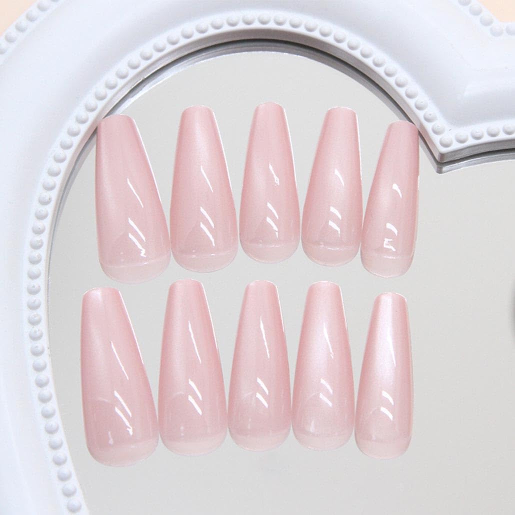 Foccna Press on Nails Long Pink Fake Nails Coffin Bling Glossy False Nail Tips Artificial Nails Finger Manicure for Women and Girls-24pcs