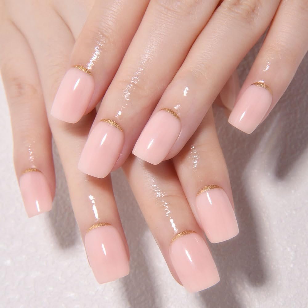 evpct Nude Pink French Press on Nails Short Square, Short Gold Foil Stick on Nails for Women Gift,Nude Pink Glossy Fake Nail Reusable Soft Gel Press on Acrylic Fake Nail kit with Gold Line Design