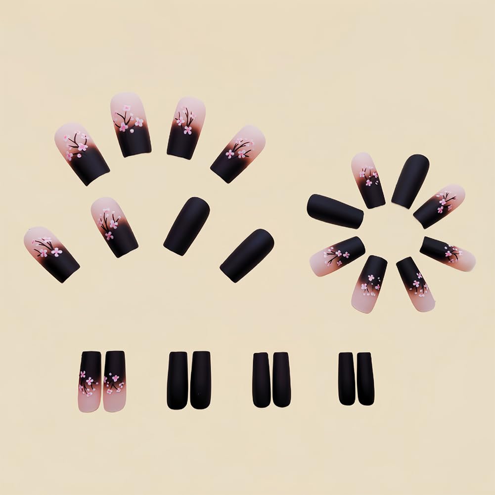 Spring Press on Nails 24Pcs Pink Black Ombre Medium Square Press on Nail Coffin Full Cover Fake Nails With Flowers Designs Acrylic Nail Press Ons Kit Press on Nails For Women