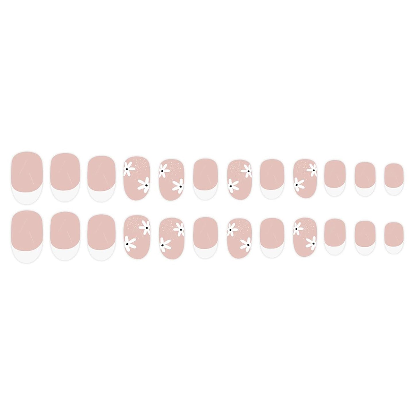 Flower Press on Nails Short Oval SWEKKE White French Tip Fake Nails Nude False Nails with Designs White Floral Full Cover Glossy Glue on Nails Spring Summer Acrylic Nails for Women Girls 24 Pcs