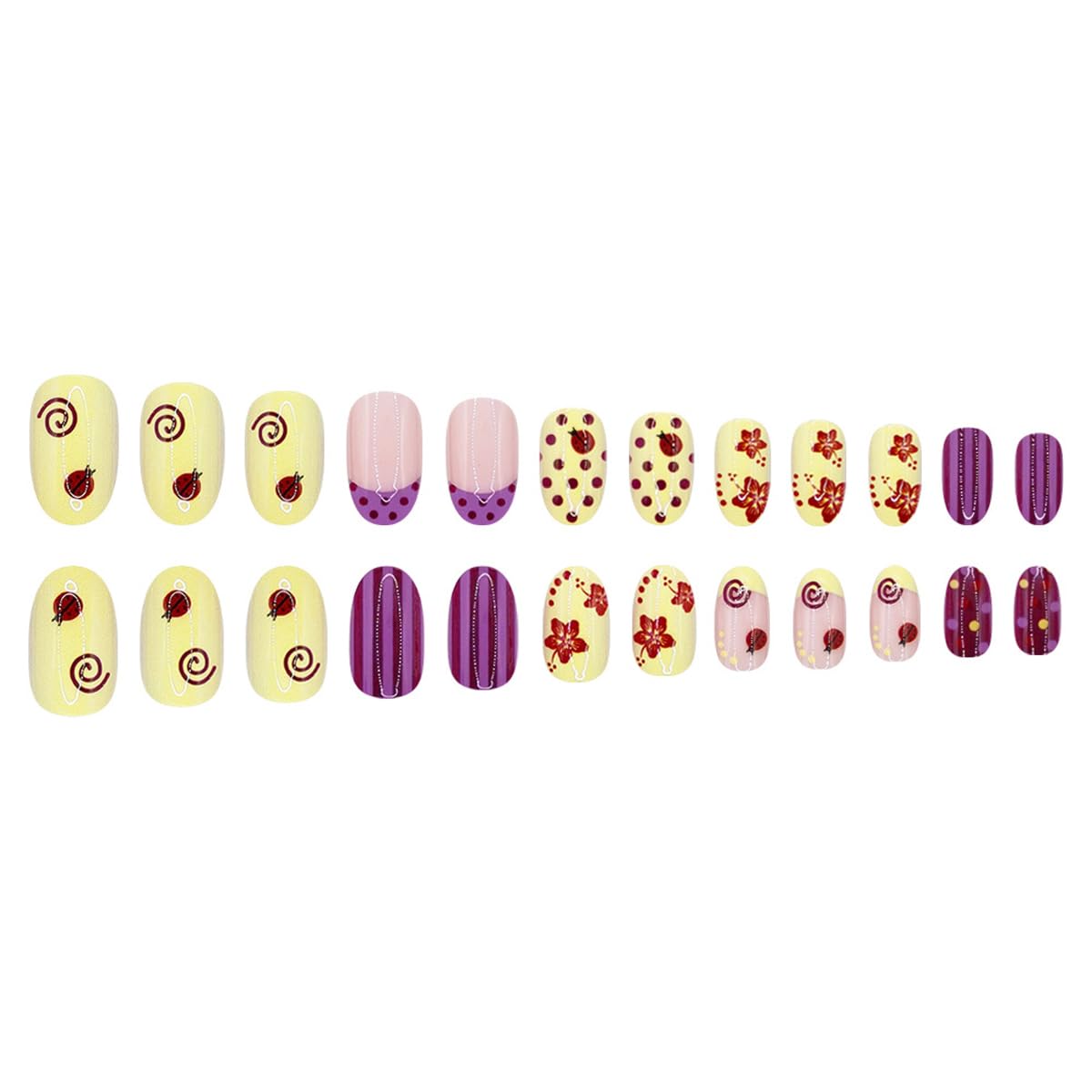 Summer Press on Nails Pink Yellow Fake Nails Short Oval False Nails with Flower Polka Dot Design Artificial Stick on Nails Full Cover Acrylic Glue on Nails for Women Girls Manicure 24Pcs