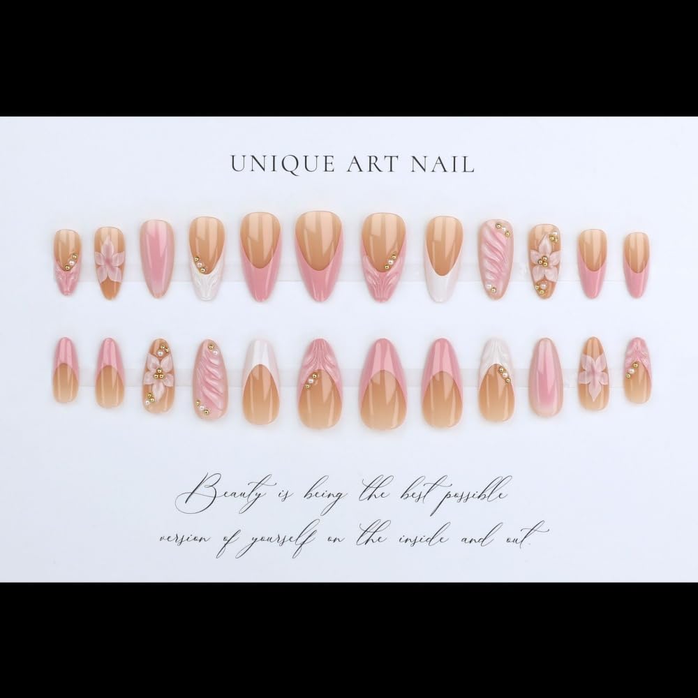 Almond Press on Nails Medium Nail Press on with 5D Pink Flower Charm Design Glossy White French Tips Acrylic Nails Rhinestones Pearl Fake Nails Spring Summer Glue on Nail for Women Manicure 24Pcs