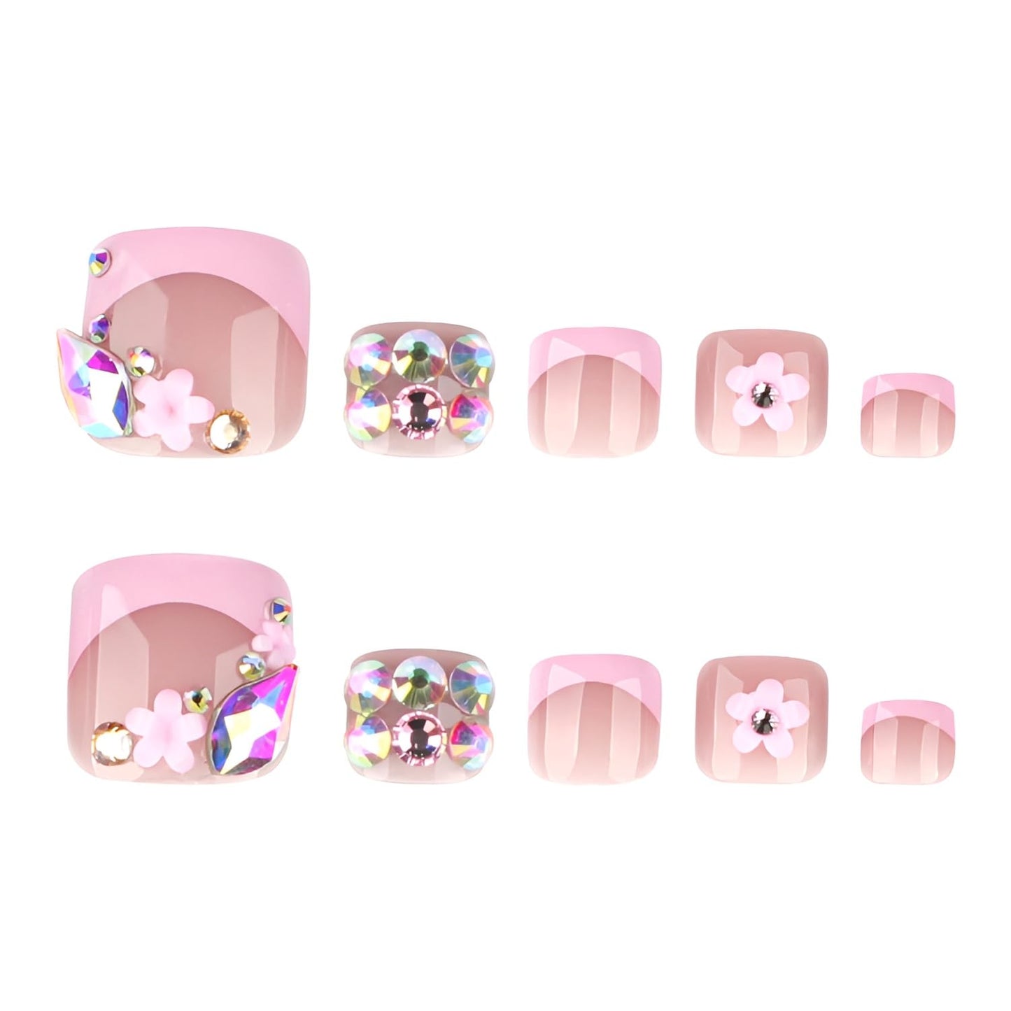 Pink French Tip Press on Toenails Short Square Fake Toe Nails Flower Toenail Press ons Rhinestones Glue on Toe Nails Glossy False Toenails Pink Stick on Toenail for Women Decorations 24Pcs