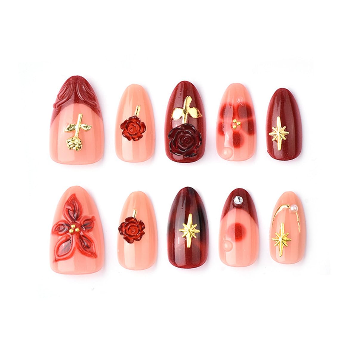 30Pcs Romantic Valentines Press on Nails Short Almond French Tip Fake Nails Red Exquisite Flowers Pearl Designs 3D Handmade Rose False Nails Gilding Full Cover Acrylic Stick on Nail for Women DIY