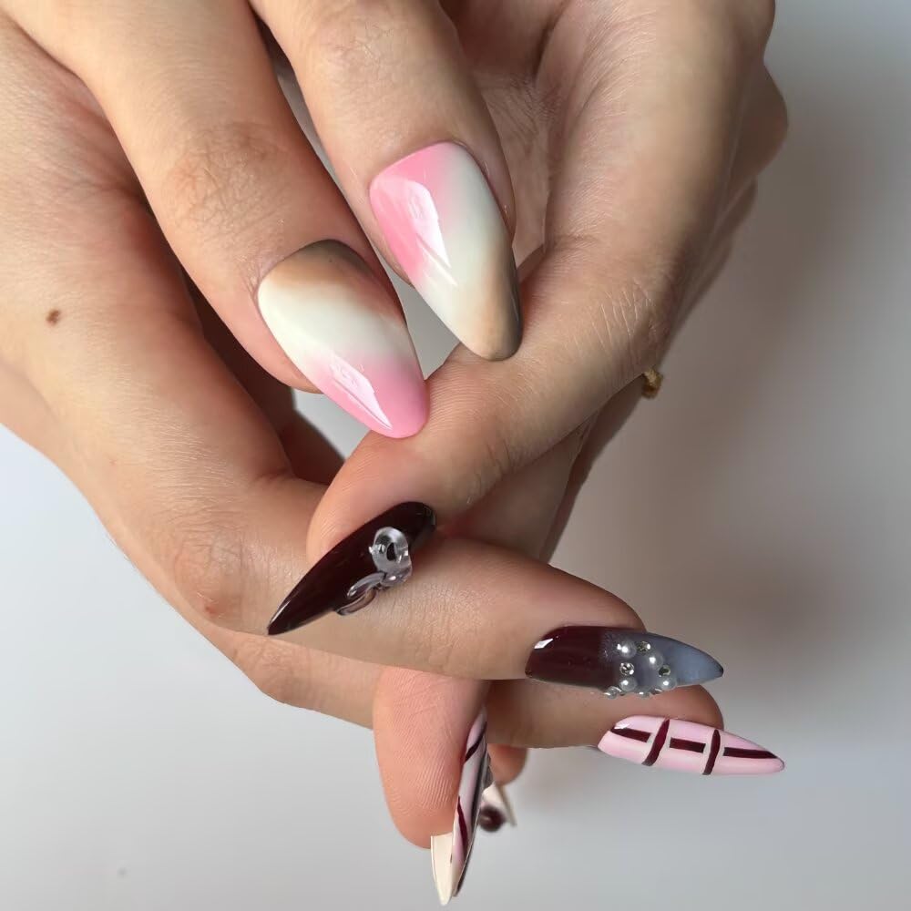 10Pcs Spring Summer Press on Nails Almond Shape False Nails with Bow Design Medium Length Fake Nails Handmade Nails Press On 3D Star Fake Nails Reusable Nails for Women (Size S)